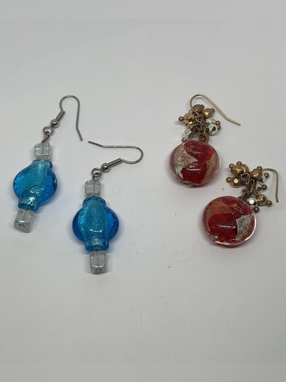 2 Pairs Glass Beaded Drop Dangle Earrings Red And Blue